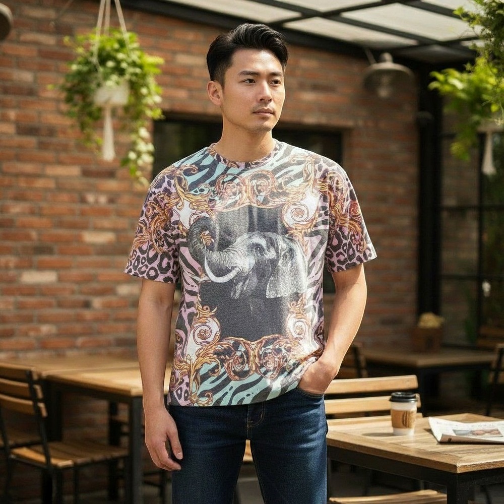 Mustache Brigade Graphic Tee Mens Large Multi Excellent Elephant‎ Animal Print